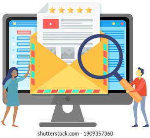 Business email in monitor background. People look at message letter for online communication. Envelope icon mail technology at computer screen. Colleagues examine letter under magnifying glass