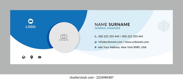 business email signature template with an author photo place | Modern horizontal layout for custom e-mail, web signatures, banner, ads, email footer etc. with blue shape color design