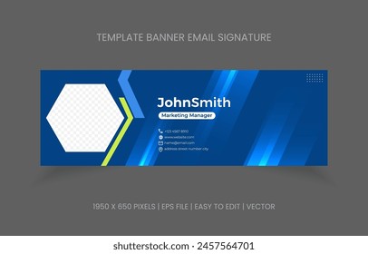 template de signature de courriel d'entreprise avec un espace photo d'auteur  disposition horizontale pour les e-mails personnalisés, les signatures de web, les bannières, les annonces, le pied de page de courriel, etc. avec création couleur de forme bleue