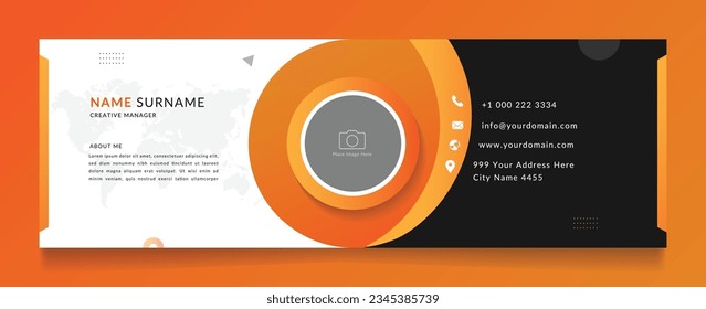 business email signature vector template. modern horizontal e-mail layout for personal or corporate branding. creative electronic mail on white black background orange shape elegant design