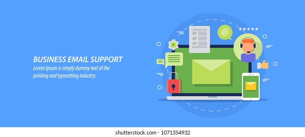 Business email support, Customer care, Online help, Digital assistance flat vector illustration with icons