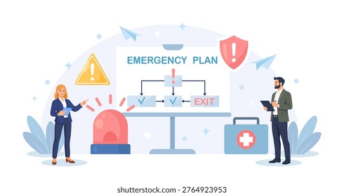 Business emergency plan, checklist to do when disaster happen. Business person studying procedure of evacuation, emergency map. Vector flat illustration
