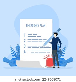 Business emergency plan concept, checklist to do in disaster, continue business and build resilience concept, smart businessman leader holding pencil with emergency plan paper flashing siren.