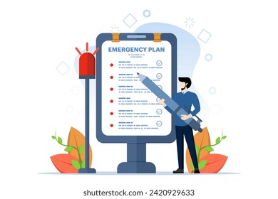 Concepto de plan de emergencia empresarial, lista de verificación para hacer en caso de desastre, continuidad del negocio y creación de un concepto de resiliencia, líder de negocios inteligente sosteniendo lápiz con papel de plan de emergencia que parpadea sirena.