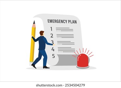 Conceito de plano de emergência de negócios, lista de verificação para fazer em desastre, continuar os negócios e construir conceito de resiliência, líder de empresário inteligente segurando lápis com papel de plano de emergência piscando sirene.