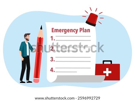 Business emergency plan concept, checklist to do in disaster, continue business and build resilience concept, smart businessman leader holding pencil with emergency plan paper flashing siren.