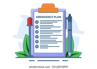 Business emergency plan concept, disaster checklist, business continuity and resilience building concept, pencil with blinking emergency plan paper. flat vector illustration on background.