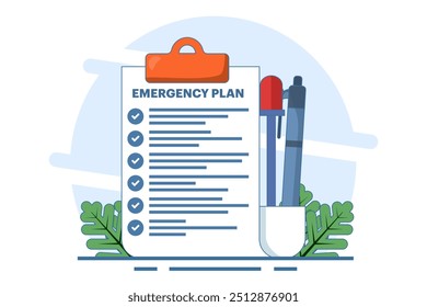 Business emergency plan concept, disaster checklist, business continuity and resilience building concept, pencil with blinking emergency plan paper. flat vector illustration on background.