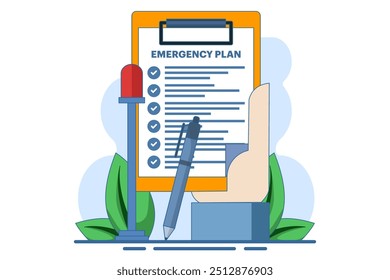 Business emergency plan concept, disaster checklist, business continuity and resilience building concept, pencil with blinking emergency plan paper. flat vector illustration on background.