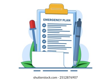 Business emergency plan concept, disaster checklist, business continuity and resilience building concept, pencil with blinking emergency plan paper. flat vector illustration on background.