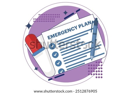 Business emergency plan concept, disaster checklist, business continuity and resilience building concept, pencil with blinking emergency plan paper. flat vector illustration on background.