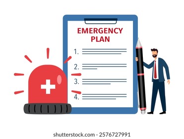 Business emergency plan concept vector illustration. Businessman standing with a list of emergency plan document in flat design on white background.