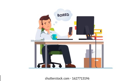 Business employee bored at work, snuffling through phone sitting at office. Lazy unmotivated unproductive manager clerk worker pass time with smartphone not doing job. Flat vector illustration