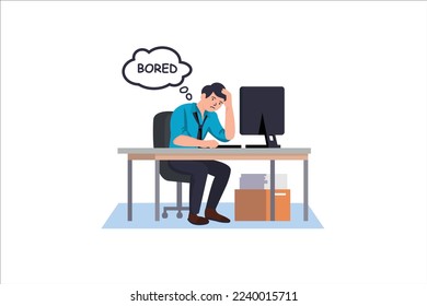 Business employee bored at work, snuffling through sitting at office desk. Lazy unmotivated unproductive manager clerk pass time not doing job. Flat vector 