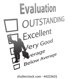 A business employee climbs up the boxes of an Evaluation Improvement Form as a ladder.