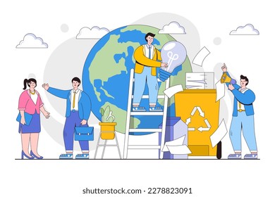 Business employee engaged in recycling garbage, save planet and energy concept. Environmental and earth day vector cartoon illustration for landing page, web banner, hero images.
