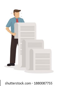 Business employee holding a long list of tasks. Businessman busy with work. Flat character vector illustration.