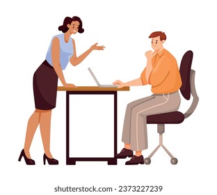 Business Employee Man and Woman Character Engaged in Office Work Vector Illustration