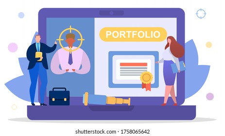Business employee search for job concept, vector illustration. Person man character portfolio and resume for work employment. Hiring human, office professional worker look at laptop.