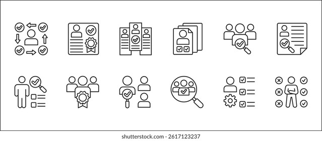 Business employee selection icon set. Professional worker qualification icons. Contains symbol of management, lecture, mentoring, expert, qualified worker, learning, selection. Vector illustration