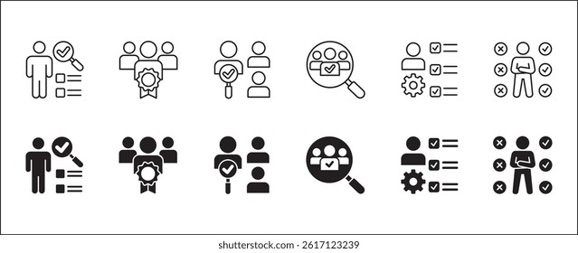 Business employee selection icon set. Professional worker qualification icons. Contains symbol of management, lecture, mentoring, expert, qualified worker, learning, selection. Vector illustration