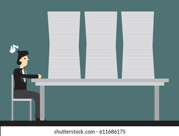 Business employee sit at desk swamped with stacks of document and paperwork. Creative cartoon vector illustration on work overload concept.