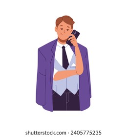 Business employee talk by smartphone. Businessman chat by mobile phone call. Happy young man, office worker in suit communicate using telephone. Flat isolated vector illustration on white background