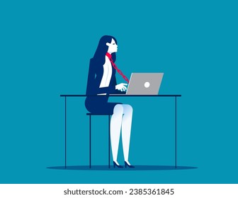 Business employee tied with chain to computer in office. Business job vector illustration

