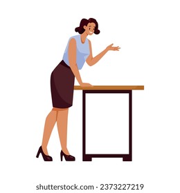 Business Employee Woman Character Lean on Desk Talking Engaged in Office Work Vector Illustration