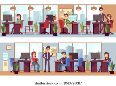 Business employees, coworkers in modern office interior vector illustration. Corporate office for business team, meeting and workplace