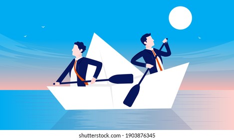 Business employees going in opposite direction. Businessmen rowing different direction in paper boat. Confusion and lack of leadership concept.