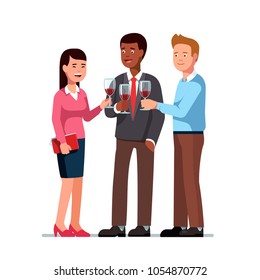 Business employees man, woman drinking wine on corporate party meeting clinking wine glasses. Group of business people partying drinking wine socializing chatting together. Flat character illustration