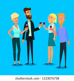 Business employees man, woman drinking wine on corporate party meeting clinking wine glasses. vector illustration in flat style.