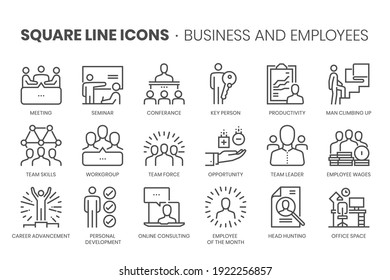 Business and employees related, pixel perfect, editable stroke, up scalable square line vector icon set. 