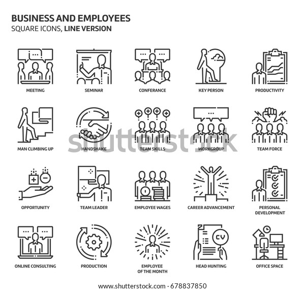 Business and employees related, pixel
perfect, editable stroke, up scalable vector icon set.
