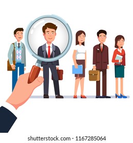 Business employer hand holding magnifying glass and choosing best candidate man from other applicants standing in line. Human resources, hiring and recruitment concept. Flat vector illustration