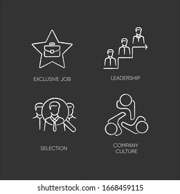 Business employment chalk white icons set on black background. Exclusive job, leadership, selection and company culture. Executive search, recruitment. Isolated vector chalkboard illustrations