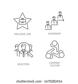 Business employment pixel perfect linear icons set. Exclusive job, leadership, selection, company culture customizable thin line contour symbols. Isolated vector outline illustrations. Editable stroke