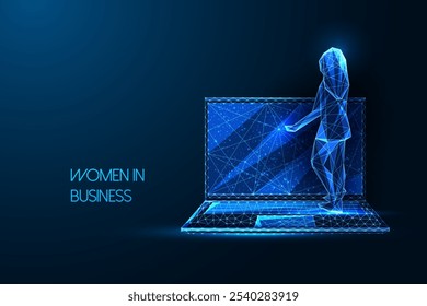 Business Empowerment Konzept mit Frau Silhouette auf Laptop auf dunkelblauem Hintergrund. Weibliche Führung, Technologie, professioneller Erfolg. Abstrakte Vektorgrafik mit niedrigem Polygonalwert