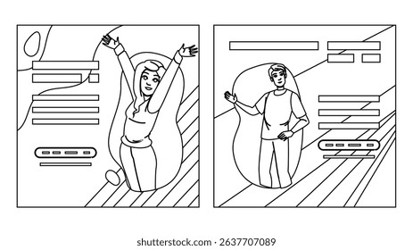 business engaging content vector. strategy social, media online, seo digital business engaging content character. people black line pencil drawing illustration