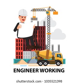 Business Engineer concept is working. ,Building under Construction site background ,infographics Construction , Vector illustration cartoon character design.