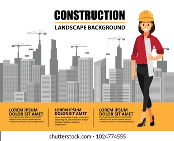 Business Engineer and worker  teamwork ,Building under Construction site background ,infographics Construction , Vector illustration cartoon character design.