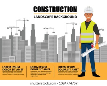 Business Engineer and worker  teamwork ,Building under Construction site background ,infographics Construction , Vector illustration cartoon character design.