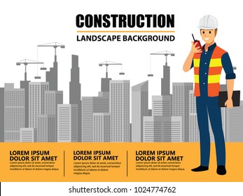 Business Engineer and worker  teamwork ,Building under Construction site background ,infographics Construction , Vector illustration cartoon character design.