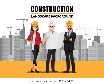 Business Engineer and worker  teamwork ,Building under Construction site background ,infographics Construction , Vector illustration cartoon character design.