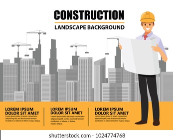 Business Engineer and worker  teamwork ,Building under Construction site background ,infographics Construction , Vector illustration cartoon character design.