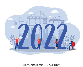 Geschäftstechnik bei der Arbeit auf Bauhintergrund. Neujahrskarte 2022. Flache Vektorgrafik.
