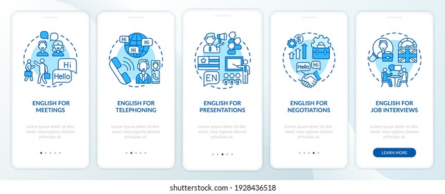 Business english aims onboarding mobile app page screen with concepts. Conferences, presentations, interviews walkthrough 5 steps graphic instructions. UI vector template with RGB color illustrations