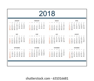 Business english calendar for desk or wall on 2018 year.  Week starts on Sunday. eps 10