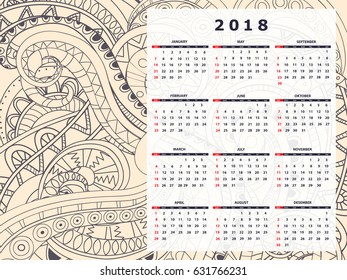 Business english calendar for wall on year 2018 on the gradient background with hand drawn tangle zen pattern. Week starts on Sunday. eps 10
